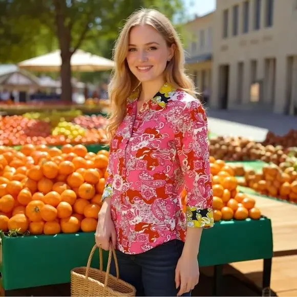 J. Crew NWOT XXS Pink Band Collar Poplin Popover Tunic Vintage Paisley Size XXS - Picture 3 of 5